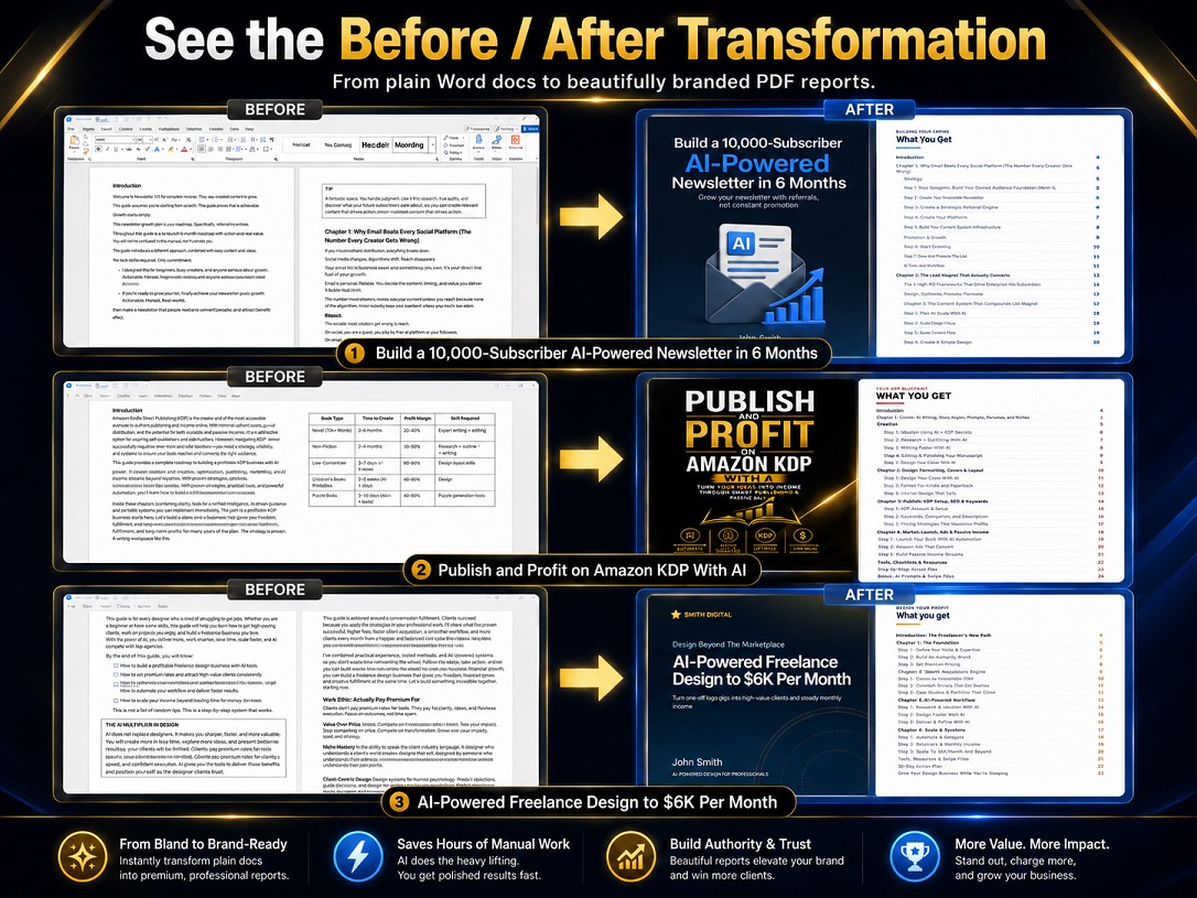 PLR Makeover Machine: a plain Word document before, and the same report after, rebuilt as a designed, fully branded PDF